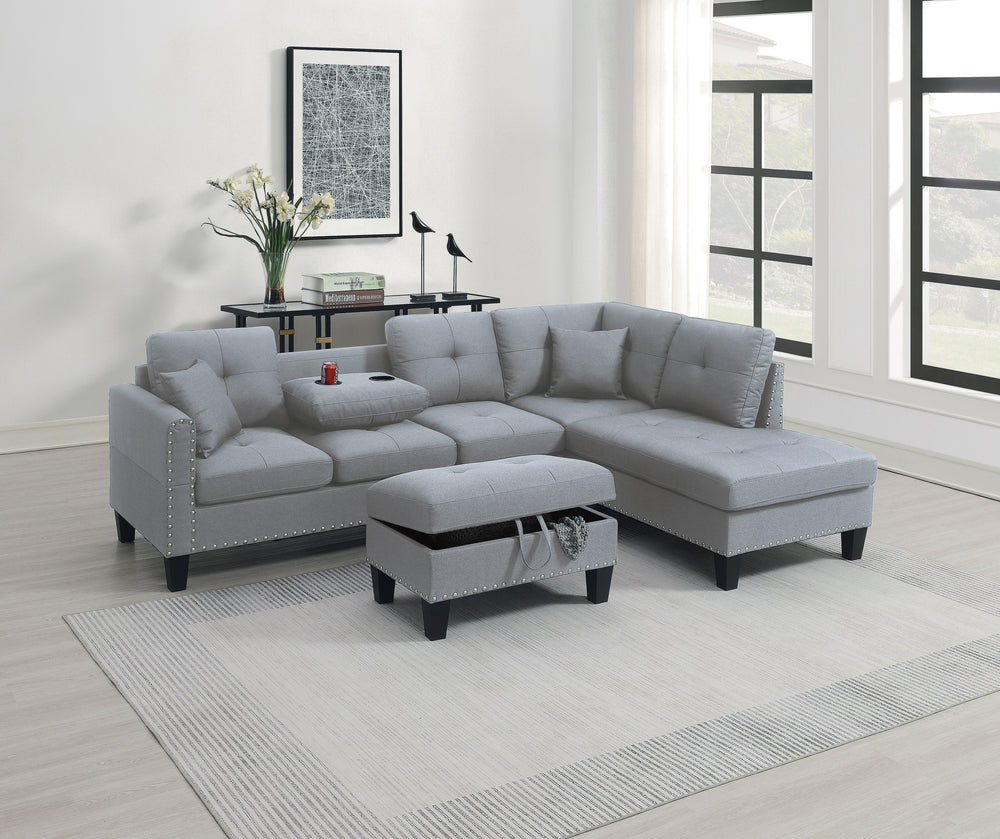 Cozy Taupe Grey Sectional Sofa Set with Storage Ottoman & Cup Holders