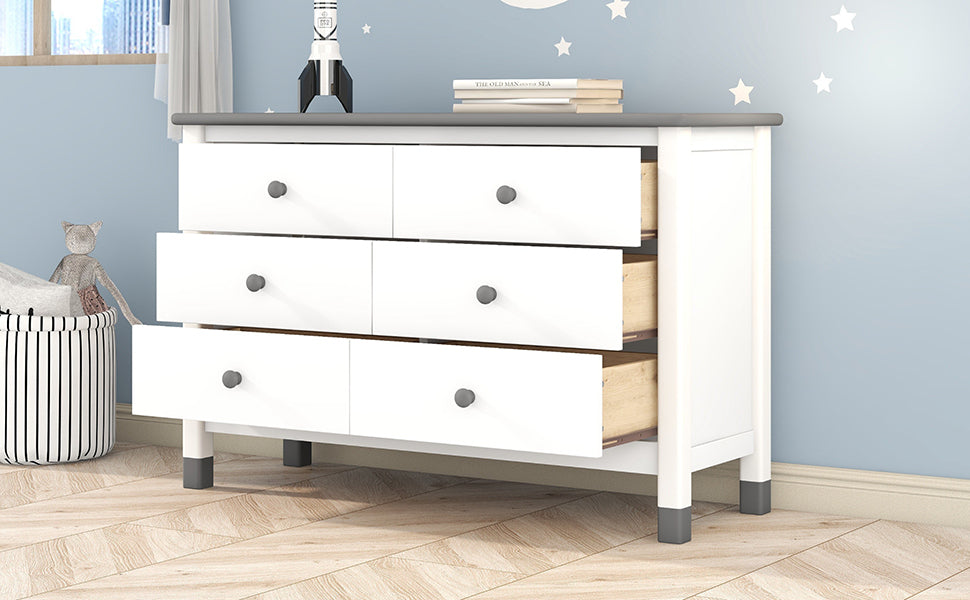 Charming Kids' Wooden Dresser with Six Drawers - White & Gray Storage Delight