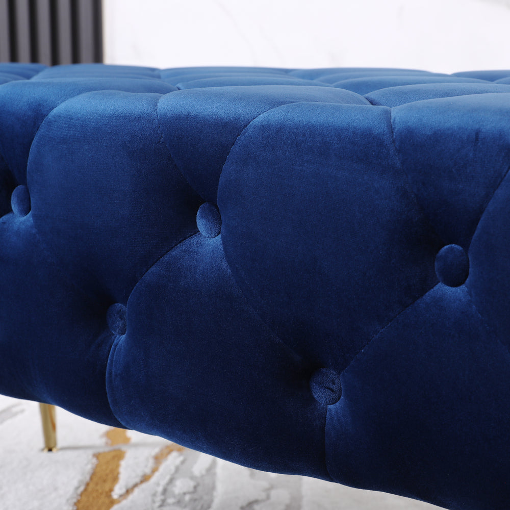 Chic Blue Velvet Bench with Gold Legs