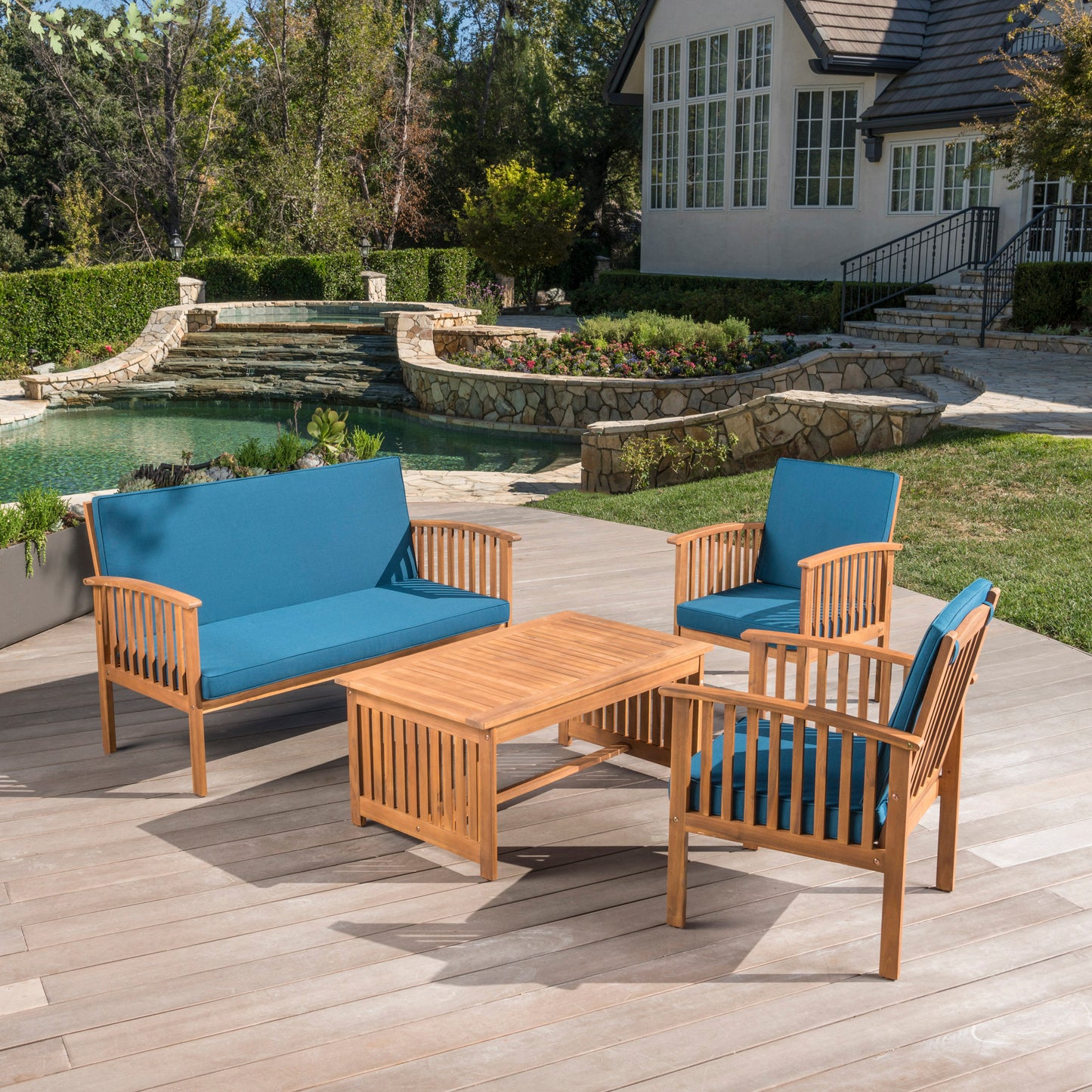 Cozy Acacia Outdoor Sofa Set with Waterproof Cushions