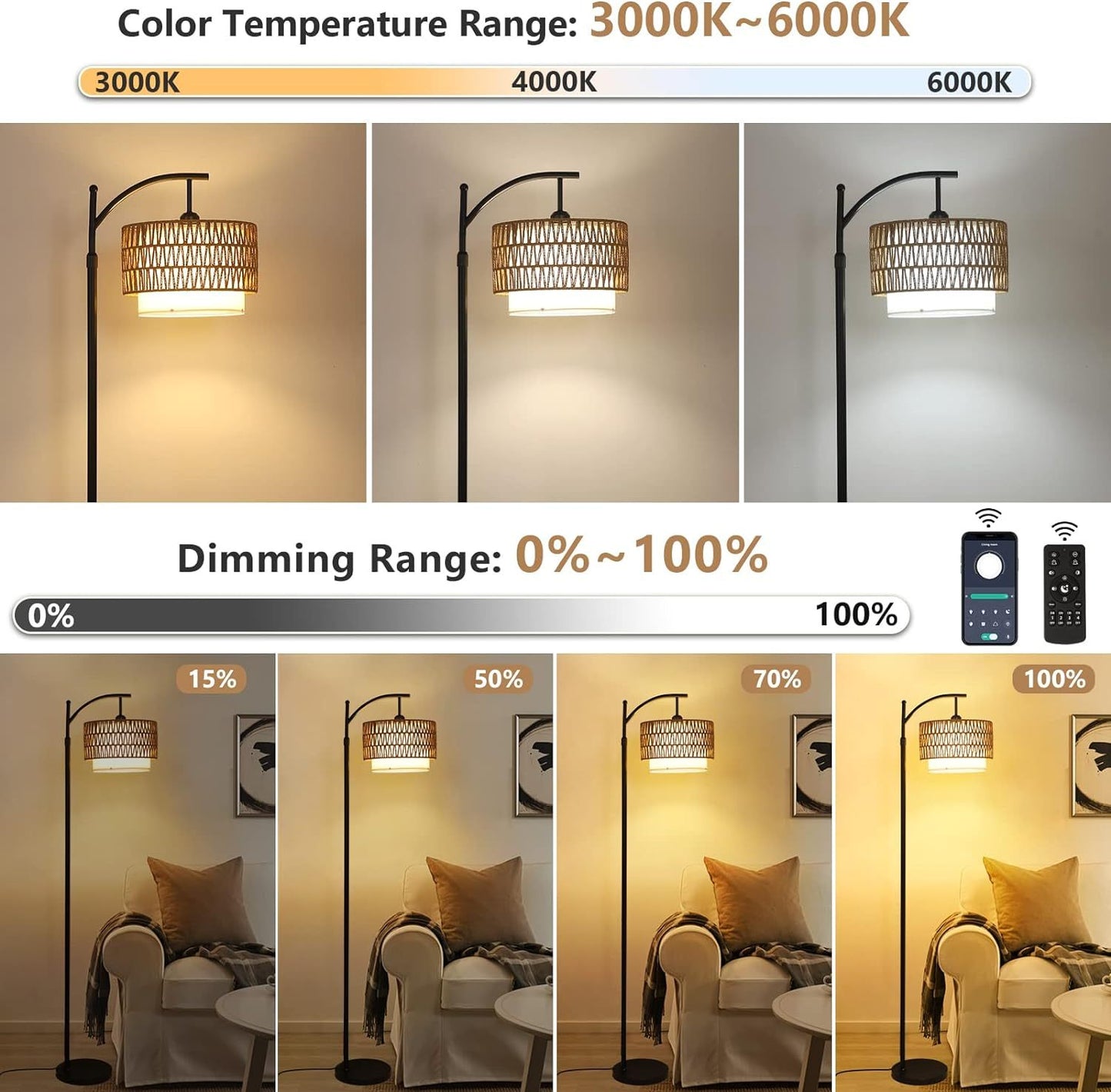 Cozy Arc Floor Lamp with Remote Control and Dimmable Rattan Shades