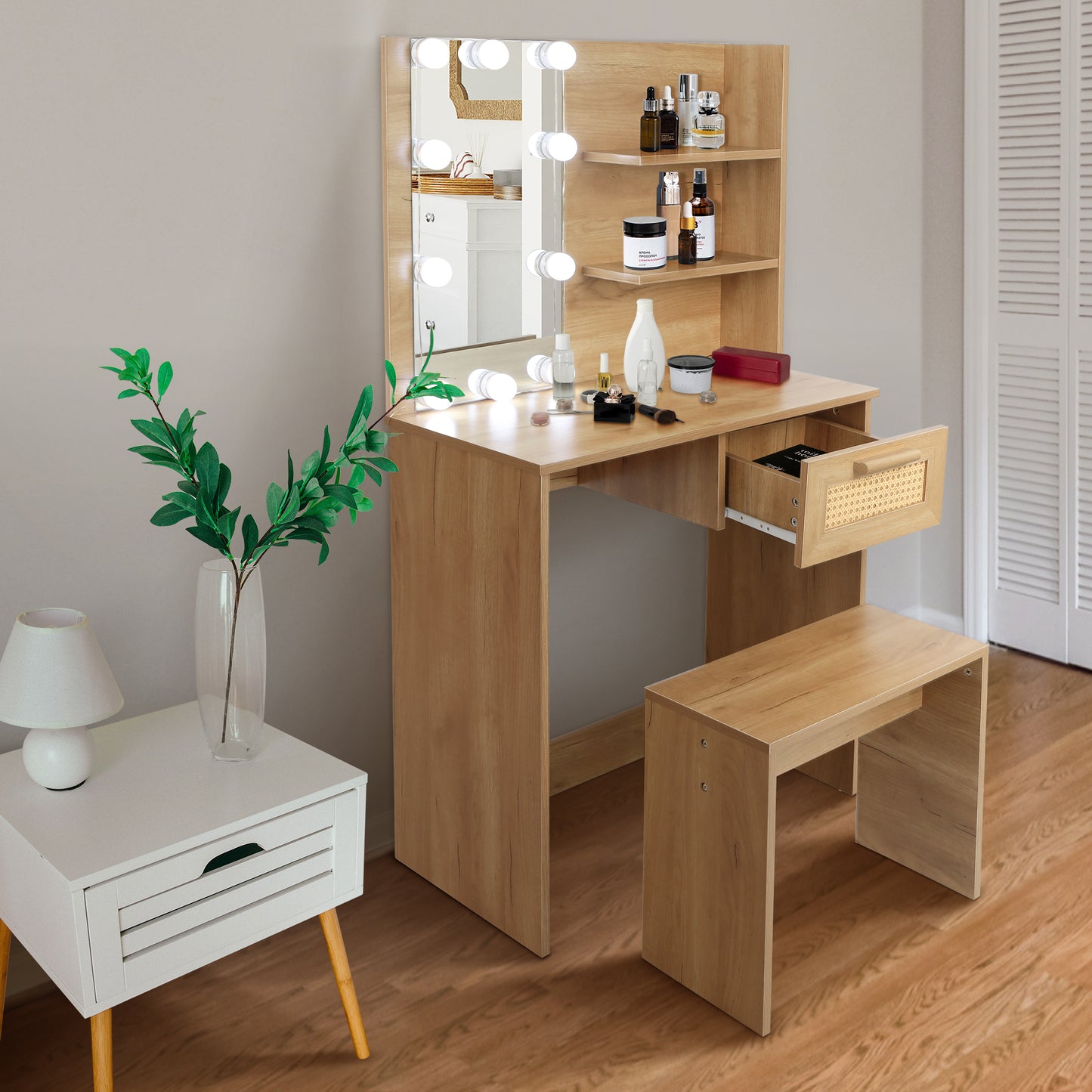 Radiant Vanity Set with Stool and LED Mirror