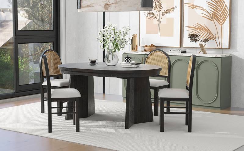 Vintage Vibes Dining Set: Extendable Table & Cozy Upholstered Chairs