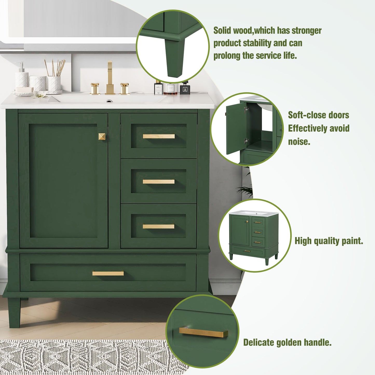 Chic Green Bathroom Vanity with Sink and Soft-Close Drawers