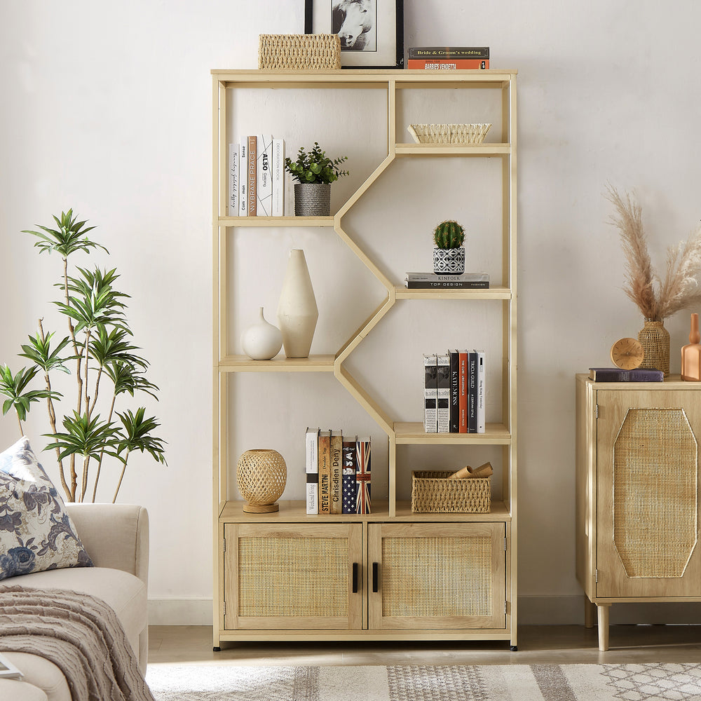 Natural Rattan Tall Bookshelf with Cabinet