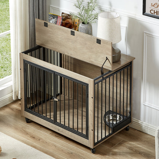 Chic Pup Crate Table with Rotating Bowl and Wheels