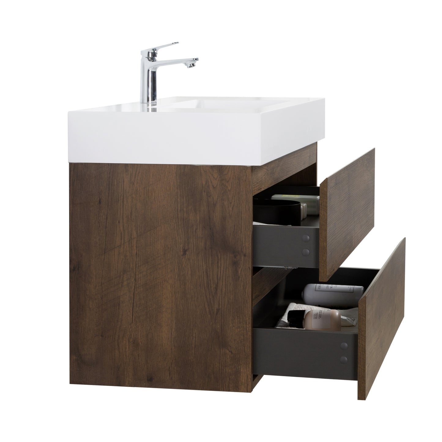 Walnut Wall-Mounted Vanity with Sleek Sink and Ample Storage