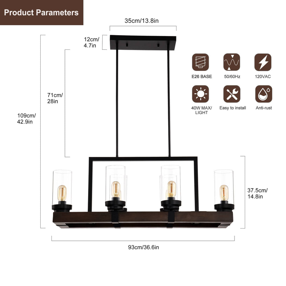 Modern Matte Black & Wood Chandelier - Adjustable 6-Light Pendant