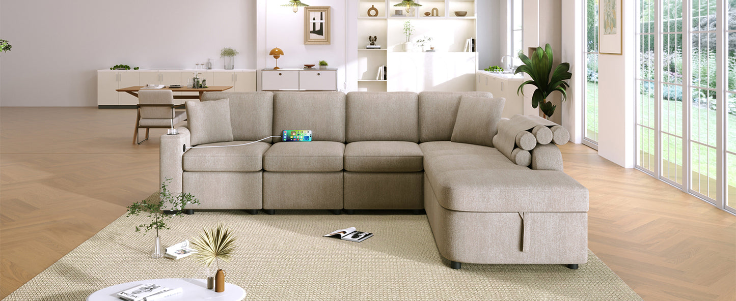 Cozy L-Shaped Sofa with Storage, Cup Holders, and USB Ports - Beige