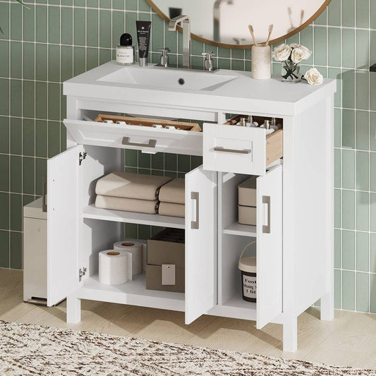 Elegant White Bathroom Vanity with Integrated Sink and Ample Storage