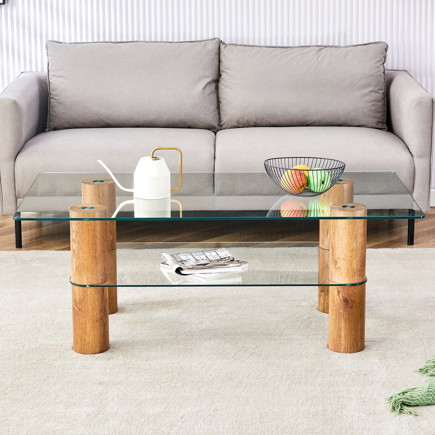 Sleek Dual-Layer Glass Coffee Table with Wooden Accents