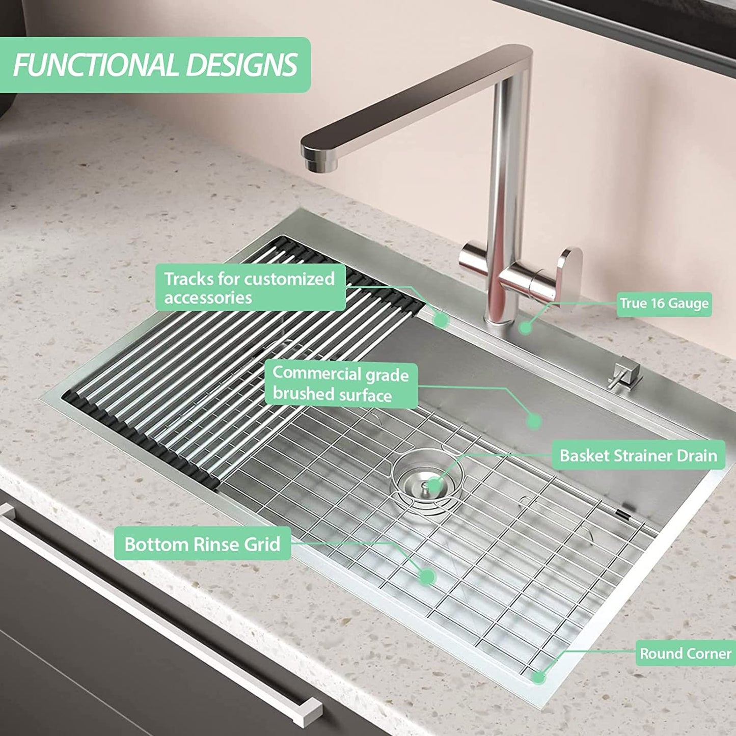 Sleek Stainless Steel Drop-In Kitchen Sink with Workstation Grid