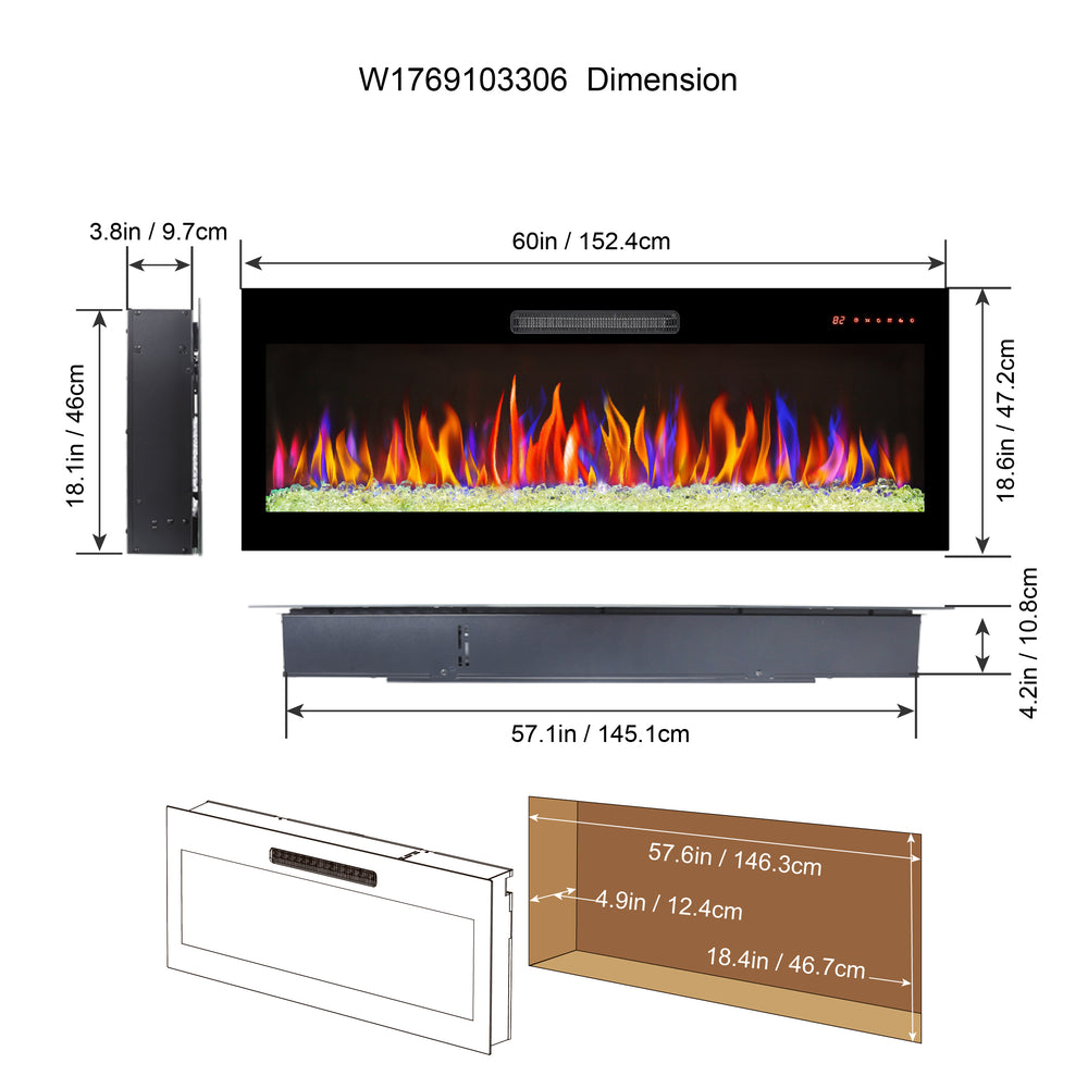 Sleek Wall-Mounted Electric Fireplace with Colorful Flames & Remote Control