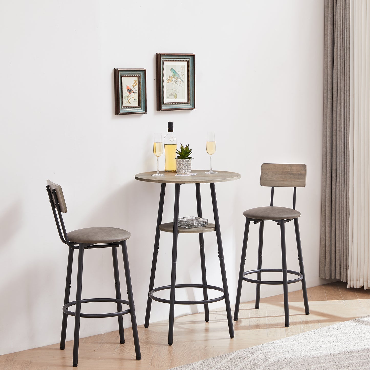 Cozy Grey Round Bar Stool Set with Backrest and Shelf