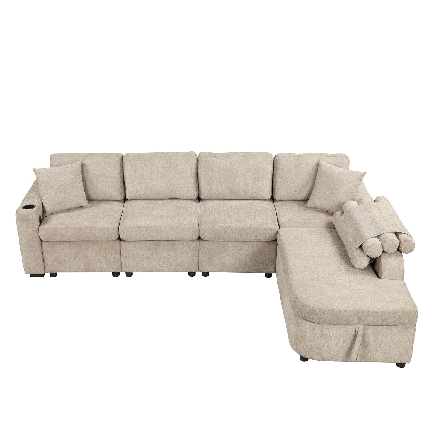 Cozy L-Shaped Sofa with Storage, Cup Holders, and USB Ports - Beige