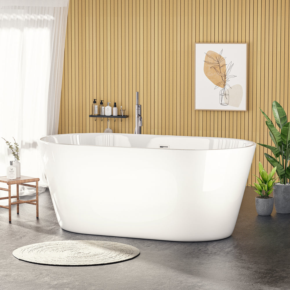 Chic White Freestanding Soaking Tub with Sleek Drain