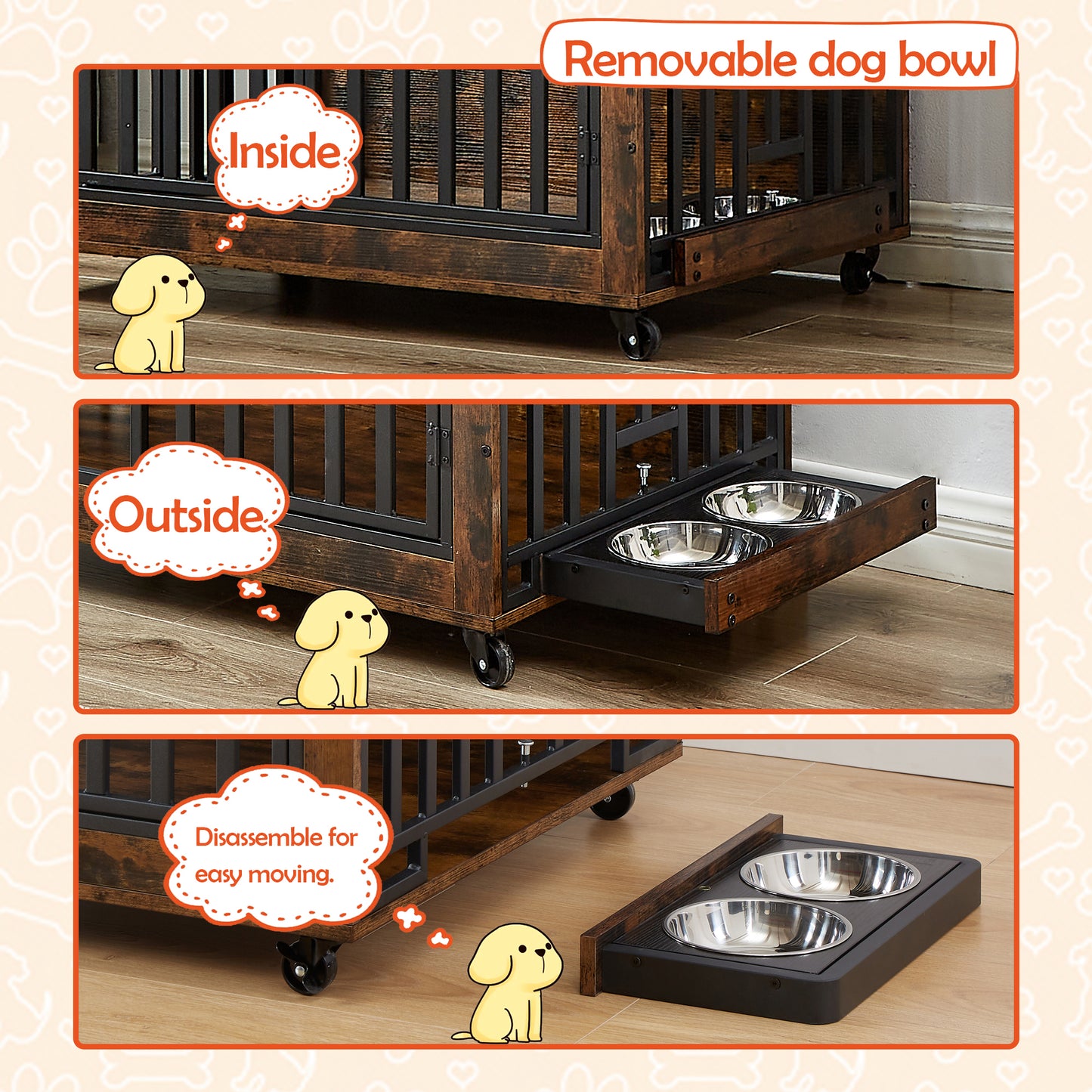 Rustic Pet Haven: Stylish Dog Crate & Feeding Station on Wheels