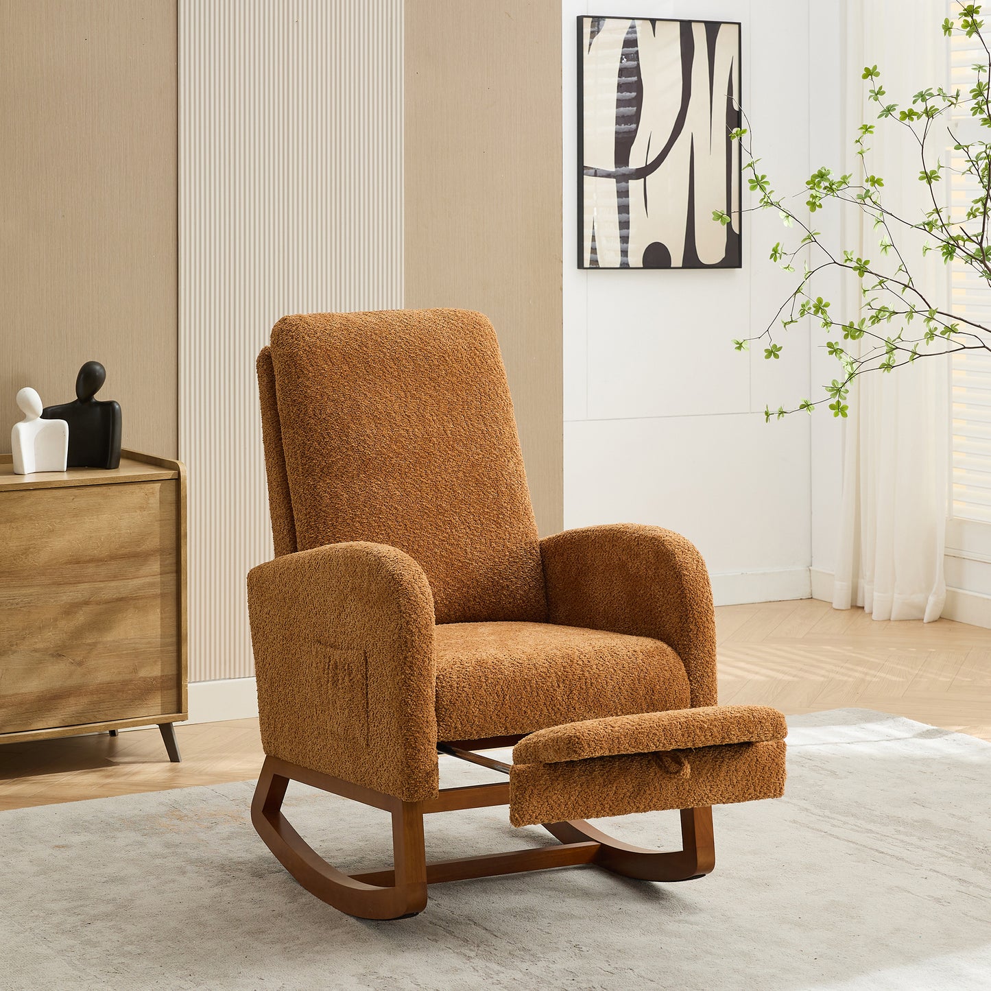 Cozy Glider Rocking Chair with Footrest & Side Pocket - Caramel