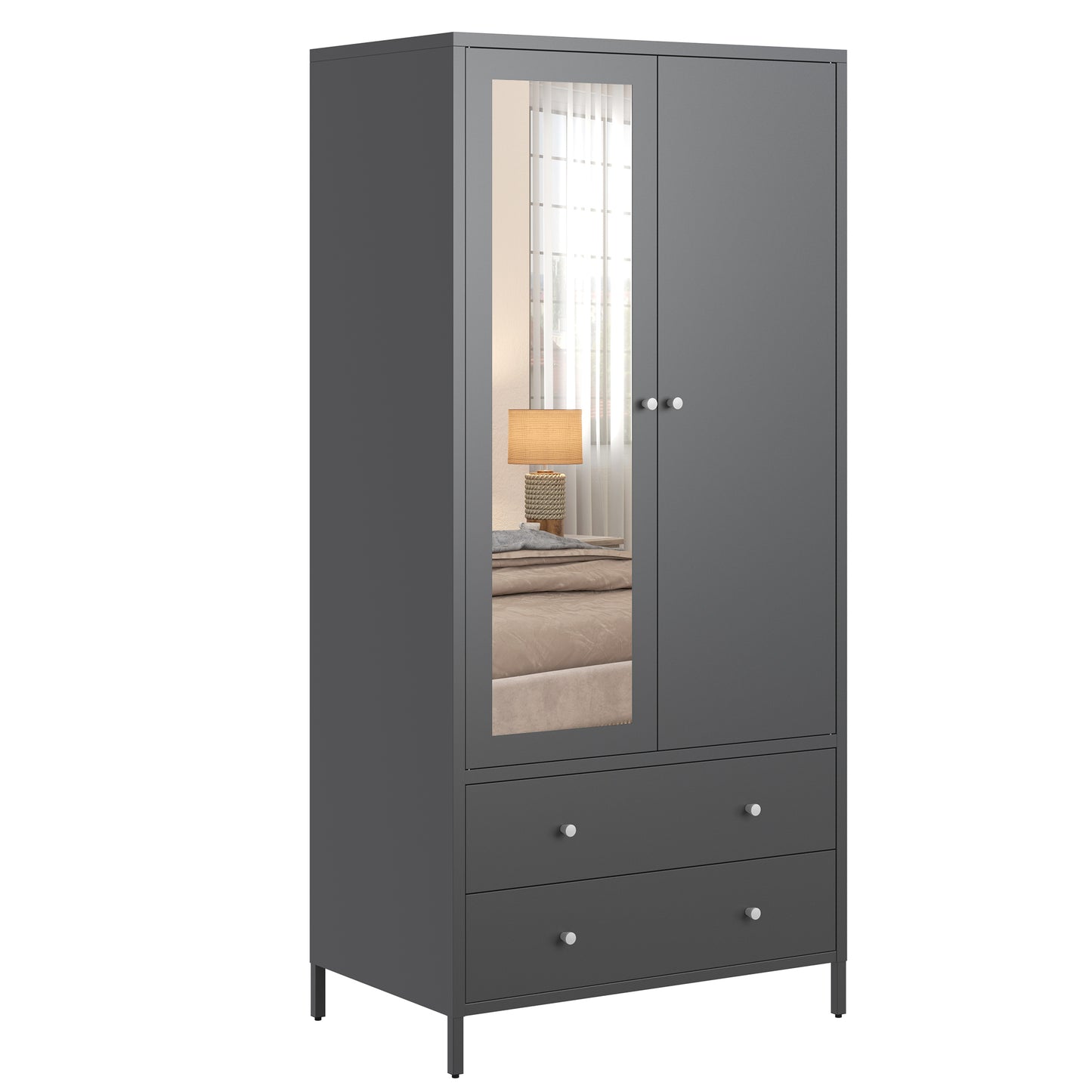 Sleek Metal Wardrobe with Mirror & Drawers