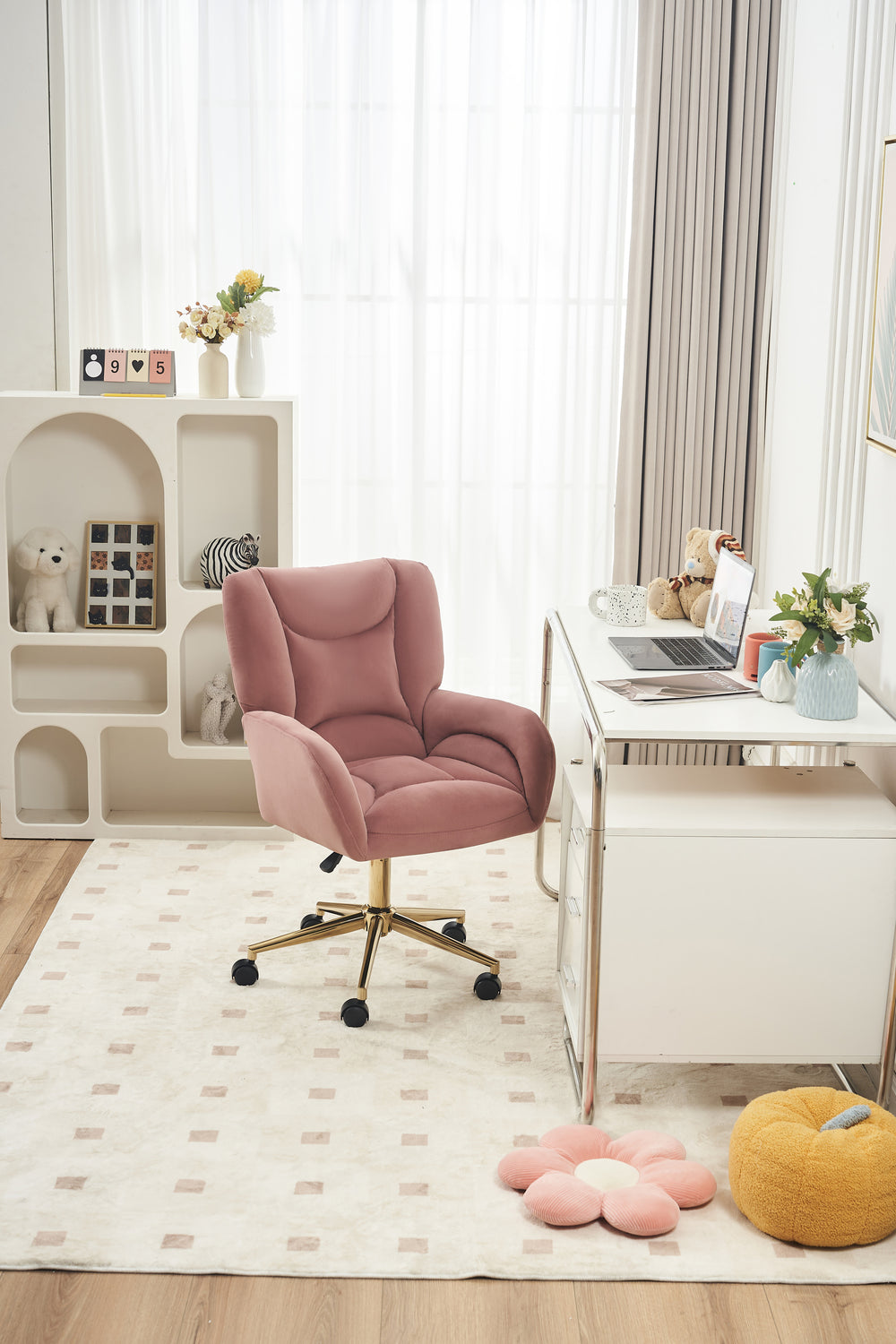 Chic Pink Velvet Swivel Chair with Gold Base