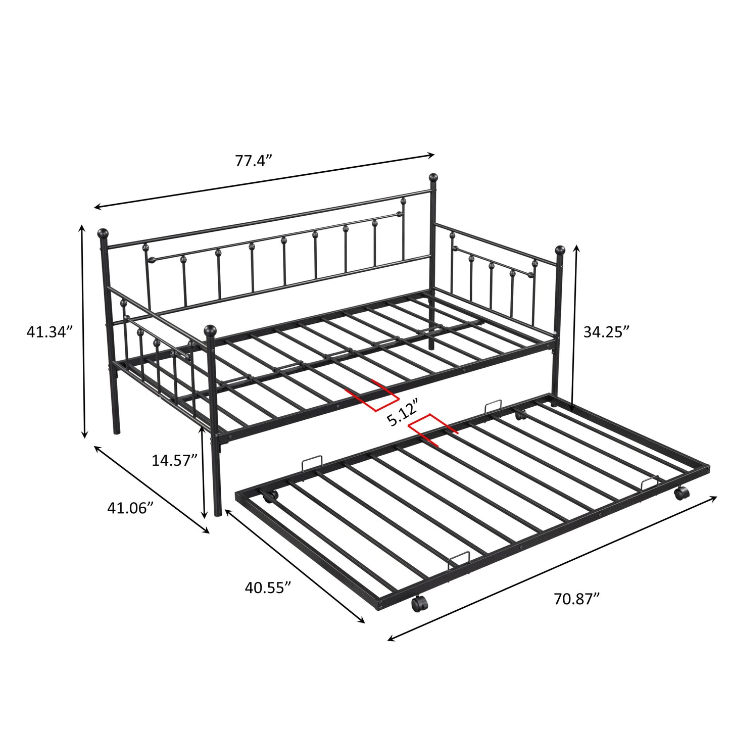 Vintage Metal Twin Daybed with Trundle - Stylish & Space-Saving Comfort