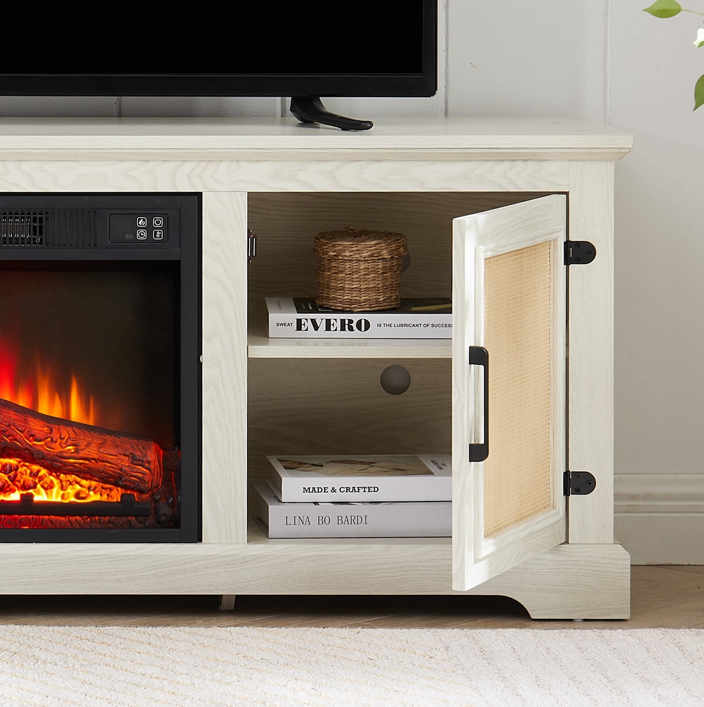 Cozy Farmhouse Rattan TV Stand with Fireplace Insert