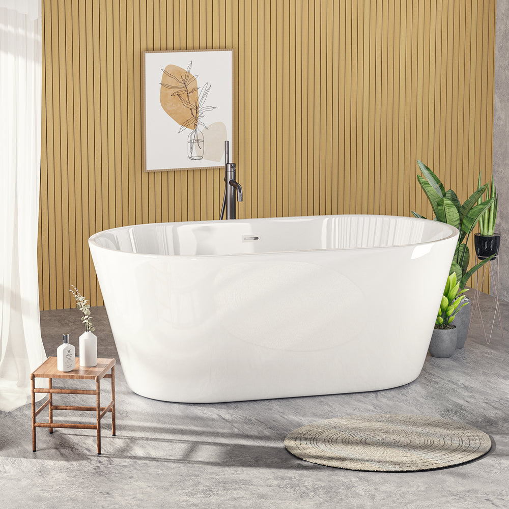 Chic White Freestanding Soaking Tub with Sleek Drain