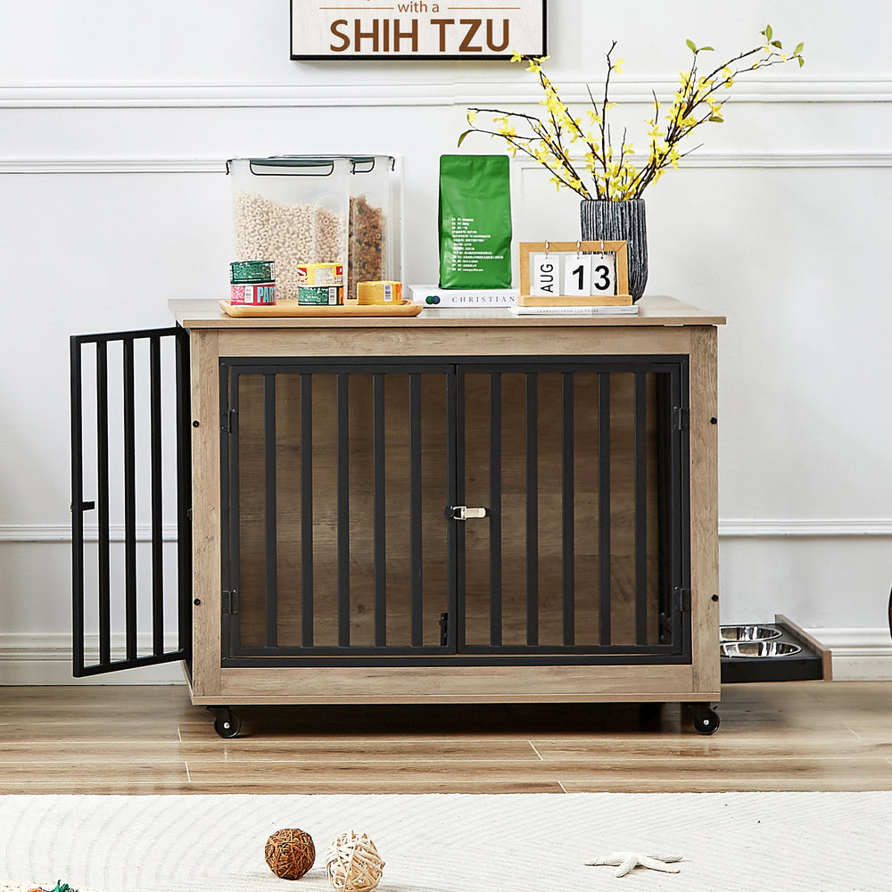 Chic Pet Crate Table with Feeding Station and Wheels