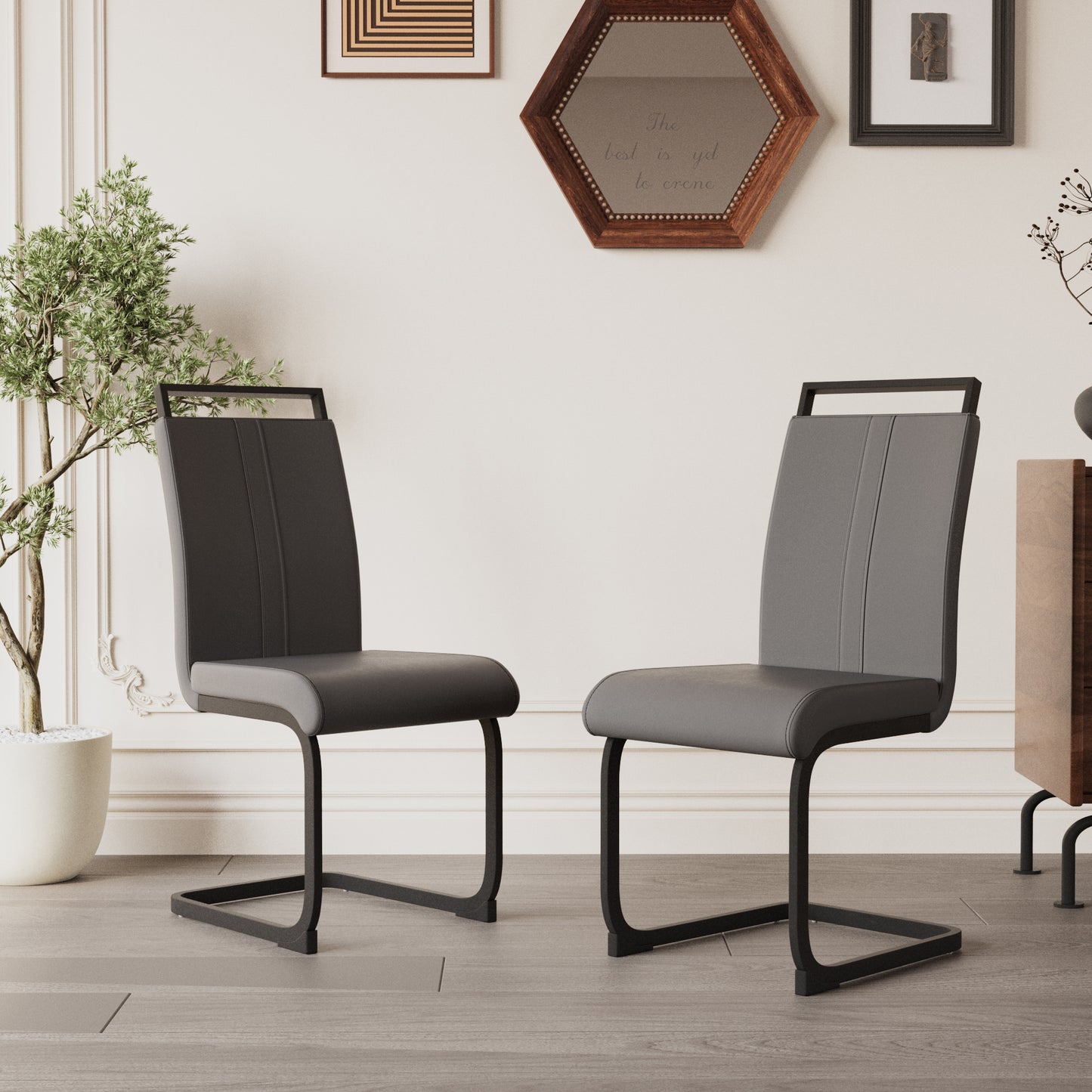 Stylish Grey Faux Leather Dining Chairs - Set of Four