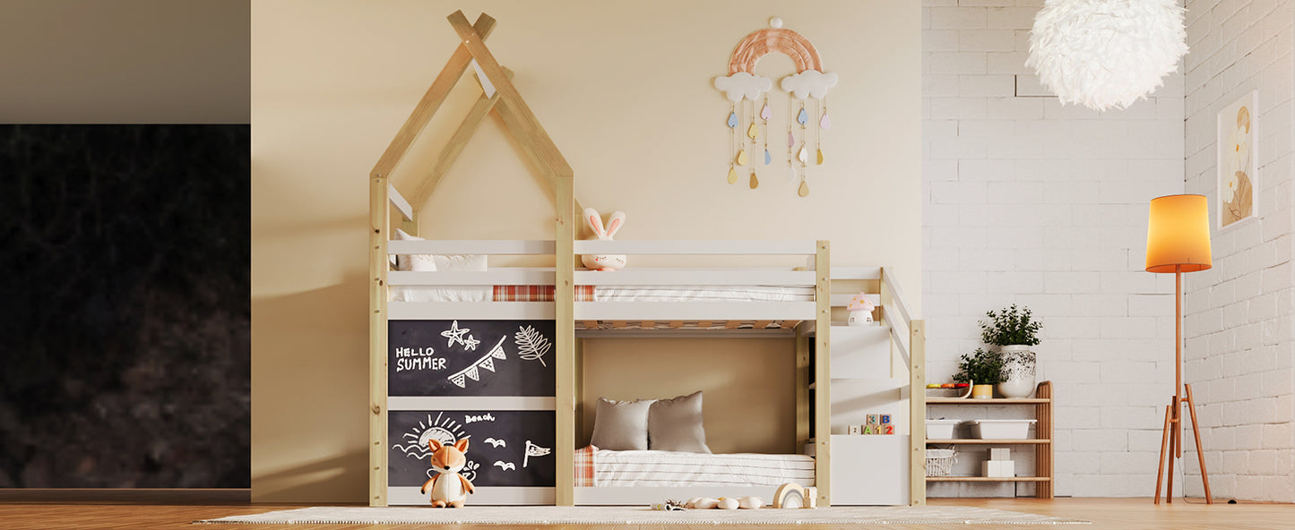 Cozy Twin House Bunk Bed with Storage Steps & 2 Fun Blackboards