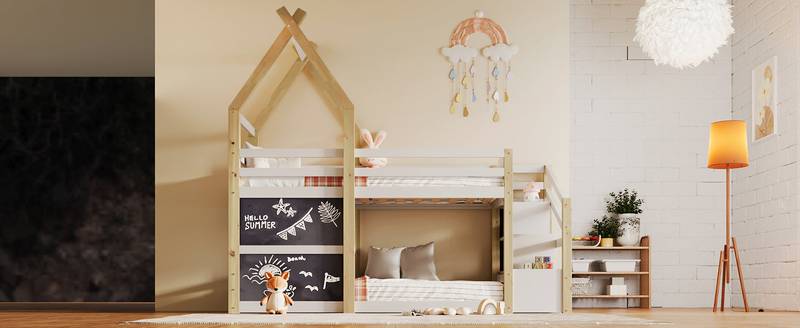 Cozy Twin House Bunk Bed with Storage Steps & 2 Fun Blackboards