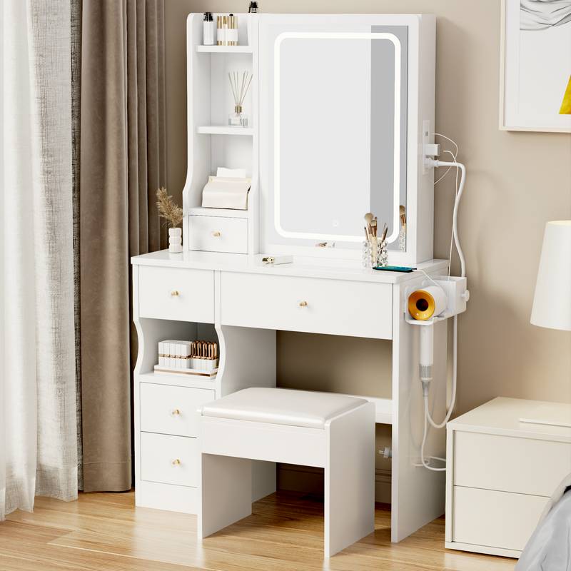 Chic Space-Saver Vanity Set with LED Mirror & Power Hub