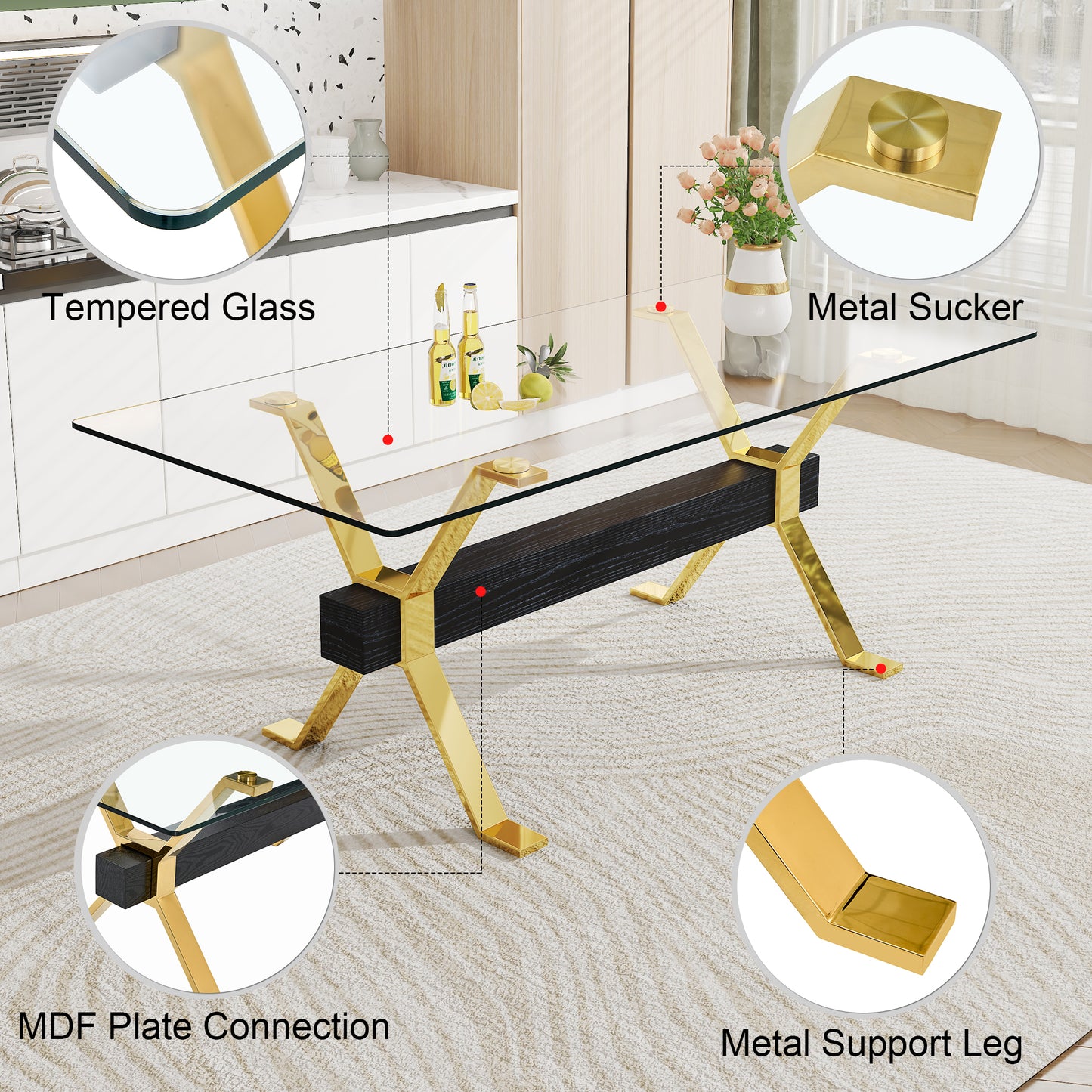 Chic Glass Dining Table with Gold Legs