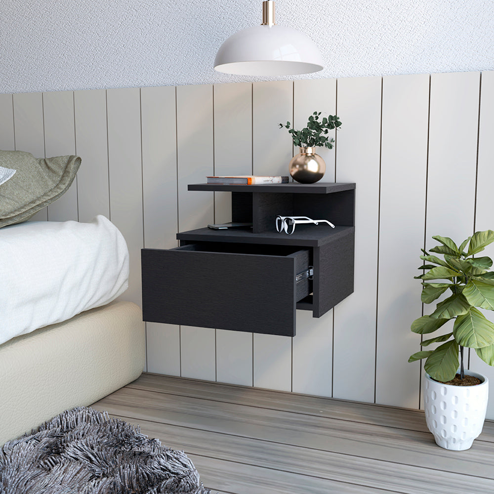 Sleek Black Floating Nightstand with Drawer