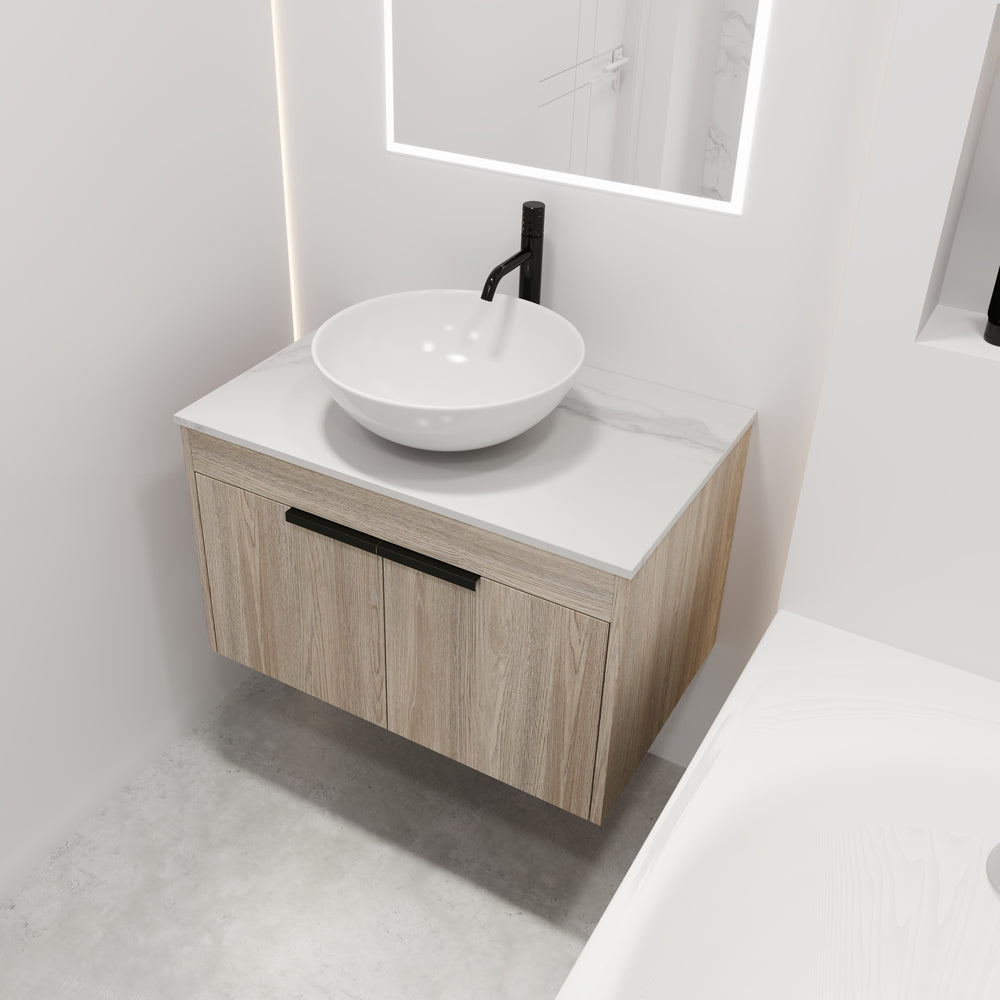 Sleek Oak Wall-Mounted Float Vanity with Ceramic Basin