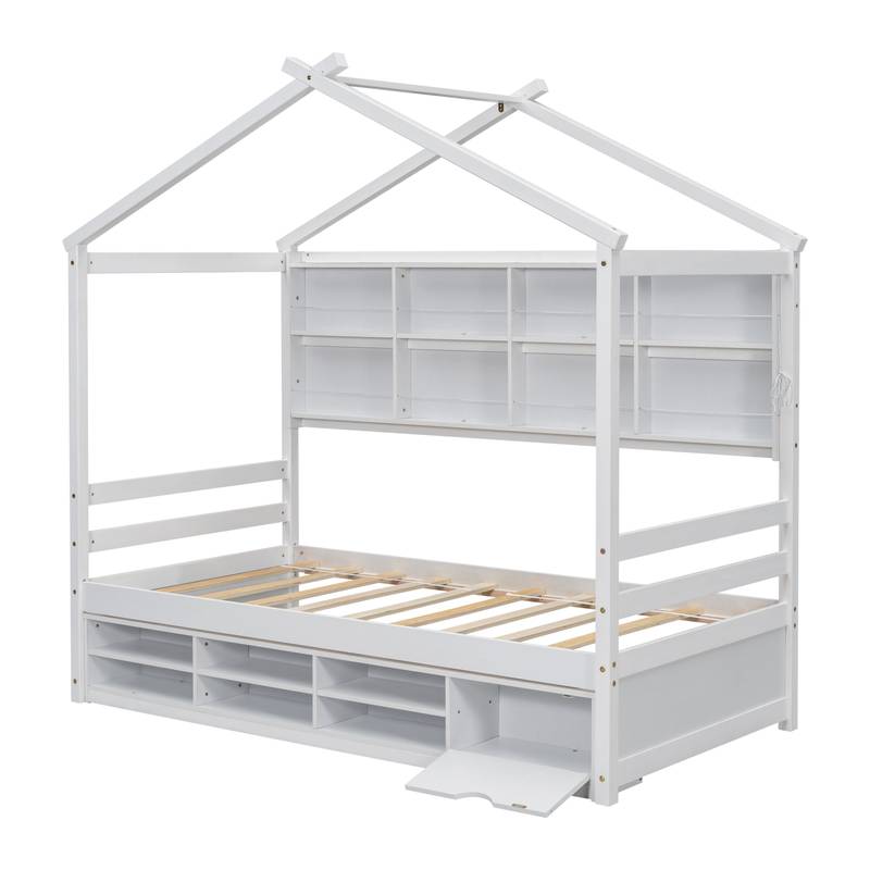 Cozy Twin House Bed with Roof & Storage
