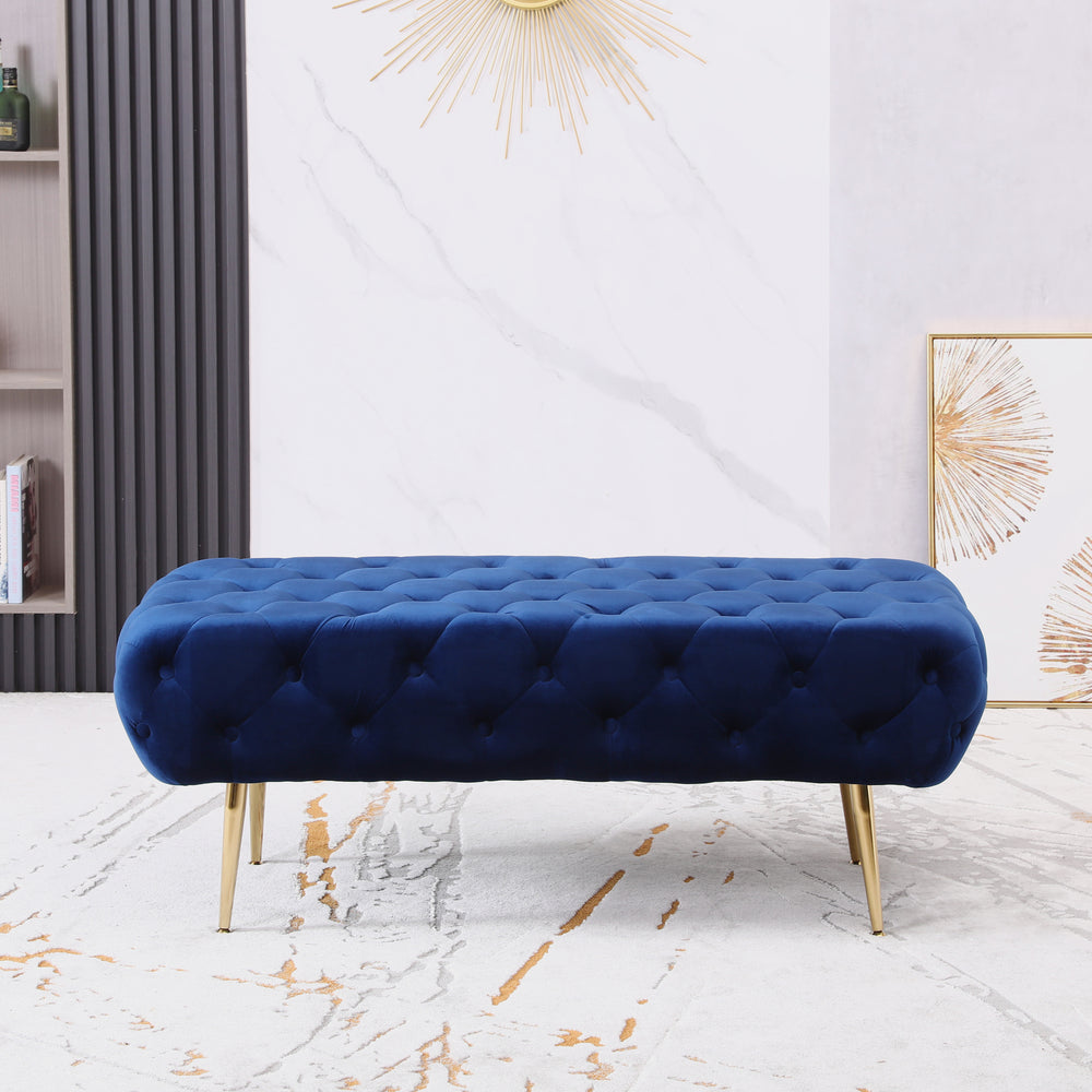 Chic Blue Velvet Bench with Gold Legs