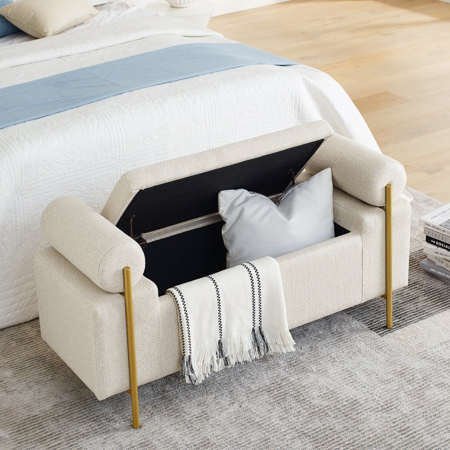 Chic Linen Storage Bench with Stylish Arms and Sturdy Legs