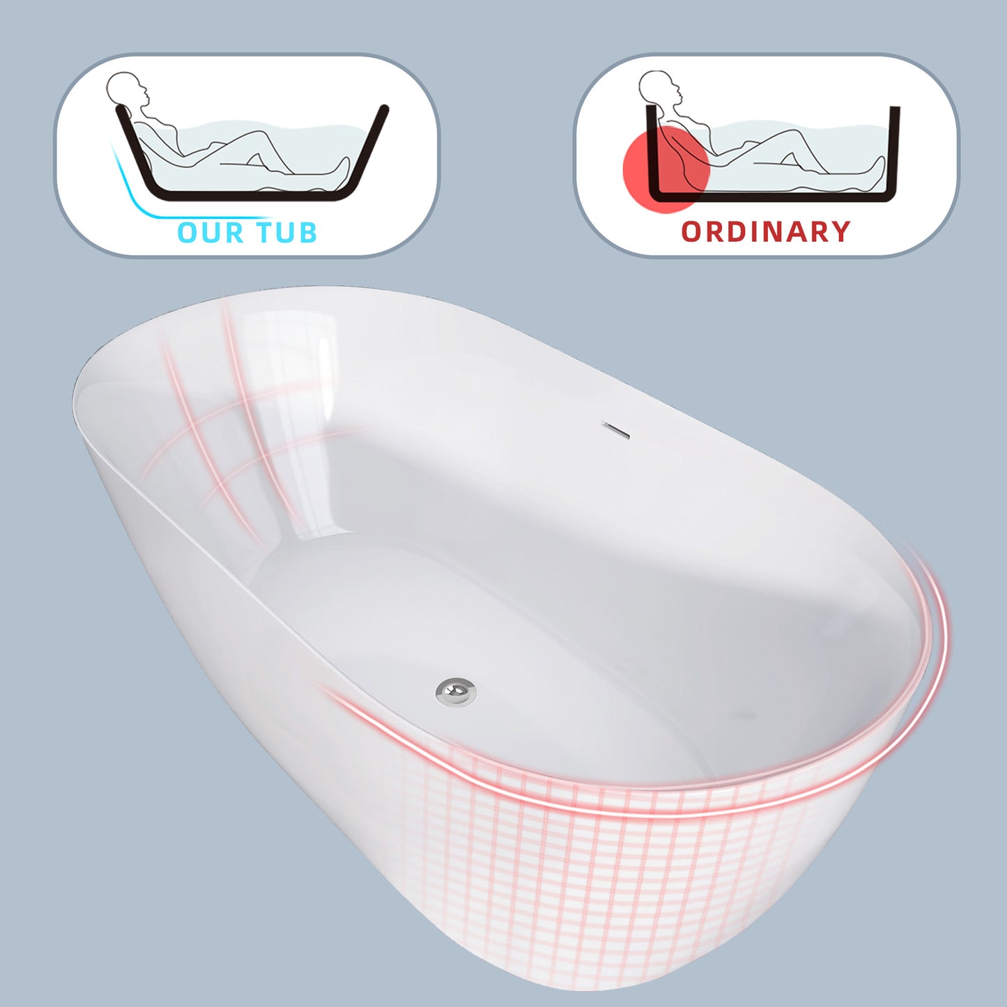 Modern Oval Soaking Tub with Overflow and Pop-Up Drain