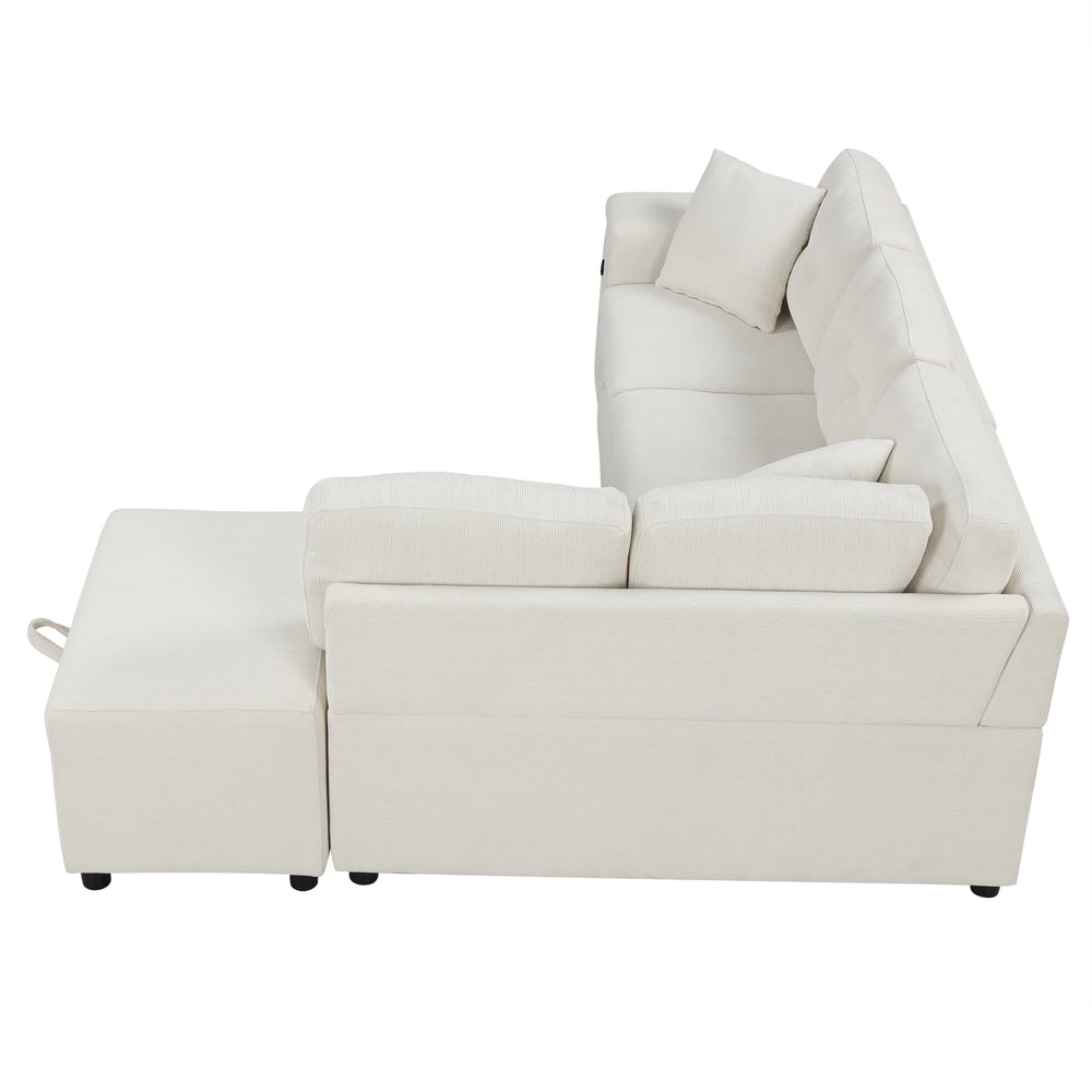 Haven L-Shaped Sofa Bed with Ottoman & USB Ports - Beige