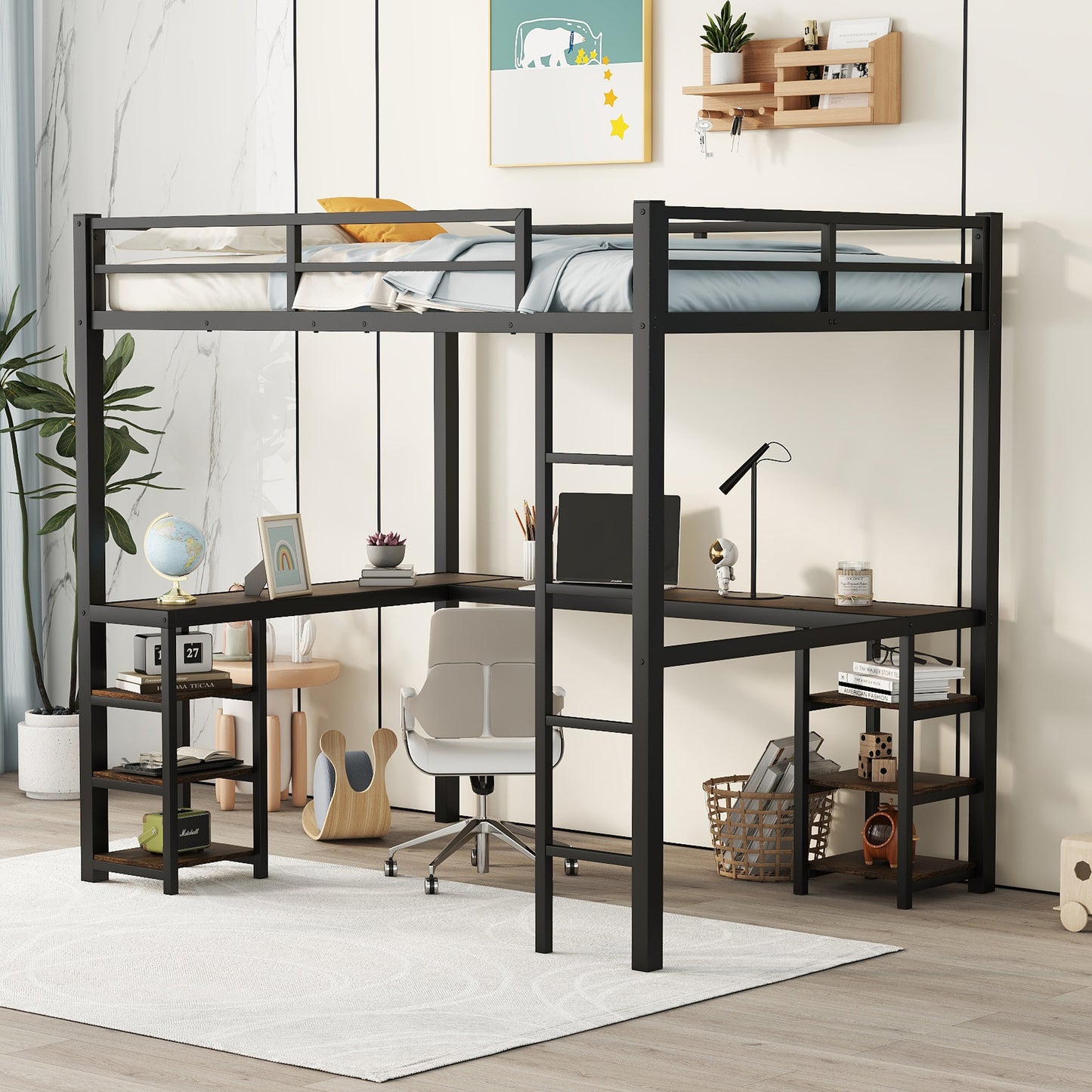 Vintage-Style Loft Bed with Desk & Storage