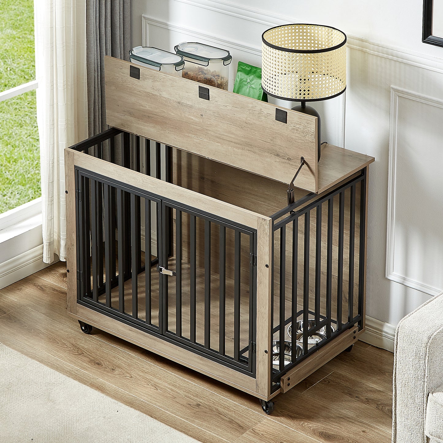 Chic Dog Crate Table with Feeding Bowl & Wheels