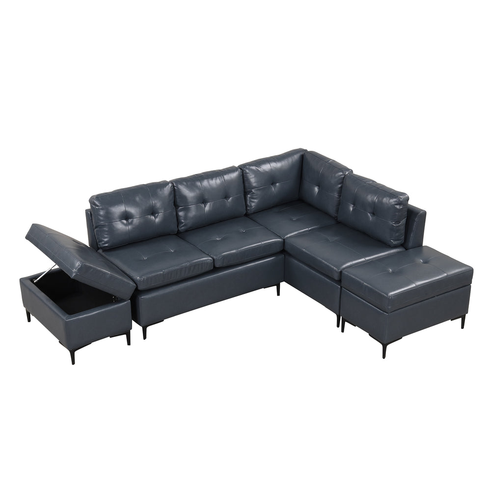 Cozy Blue L-Shaped Corner Sofa with Storage Ottomans