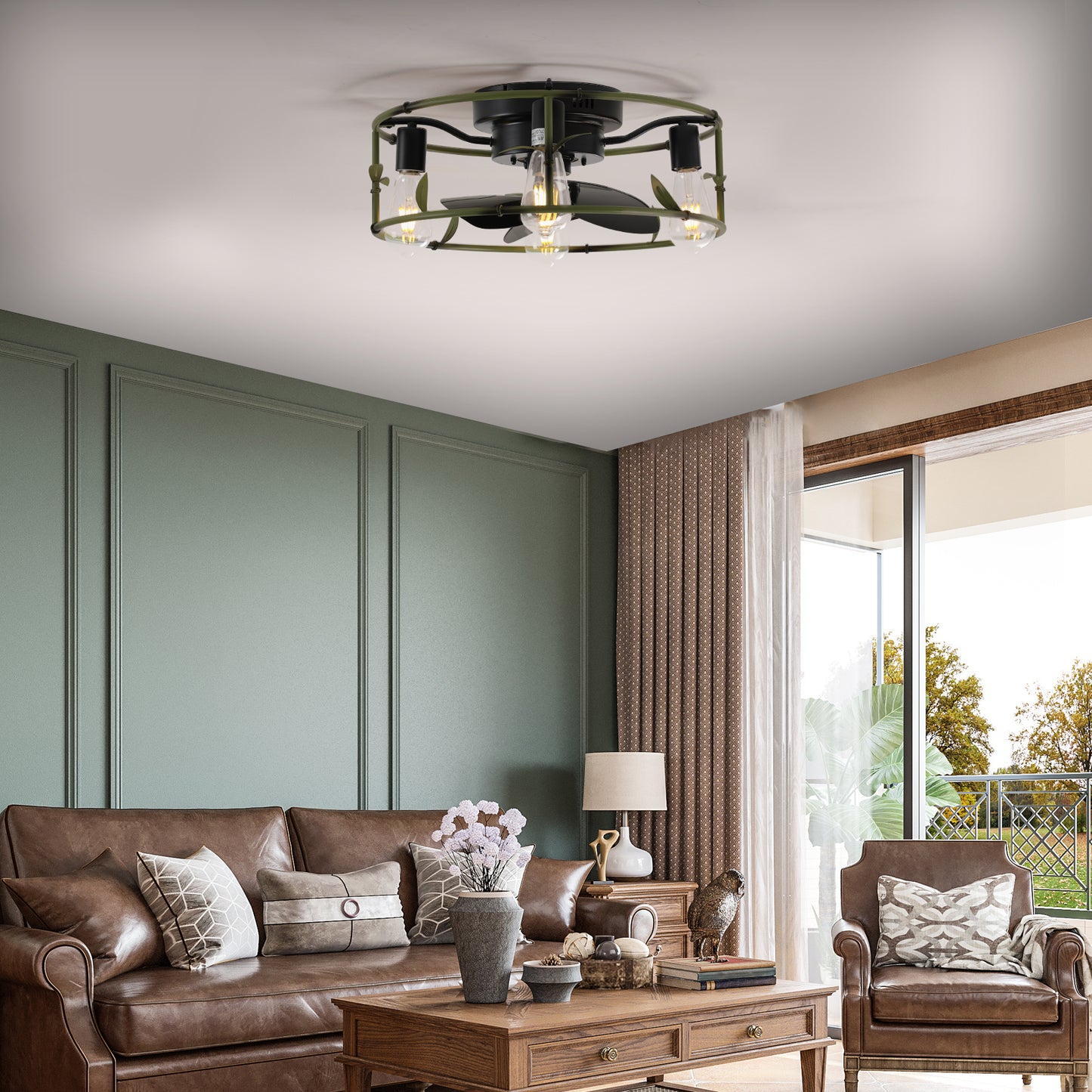 Chic Green Flush Mount Ceiling Fan with Lights & Remote