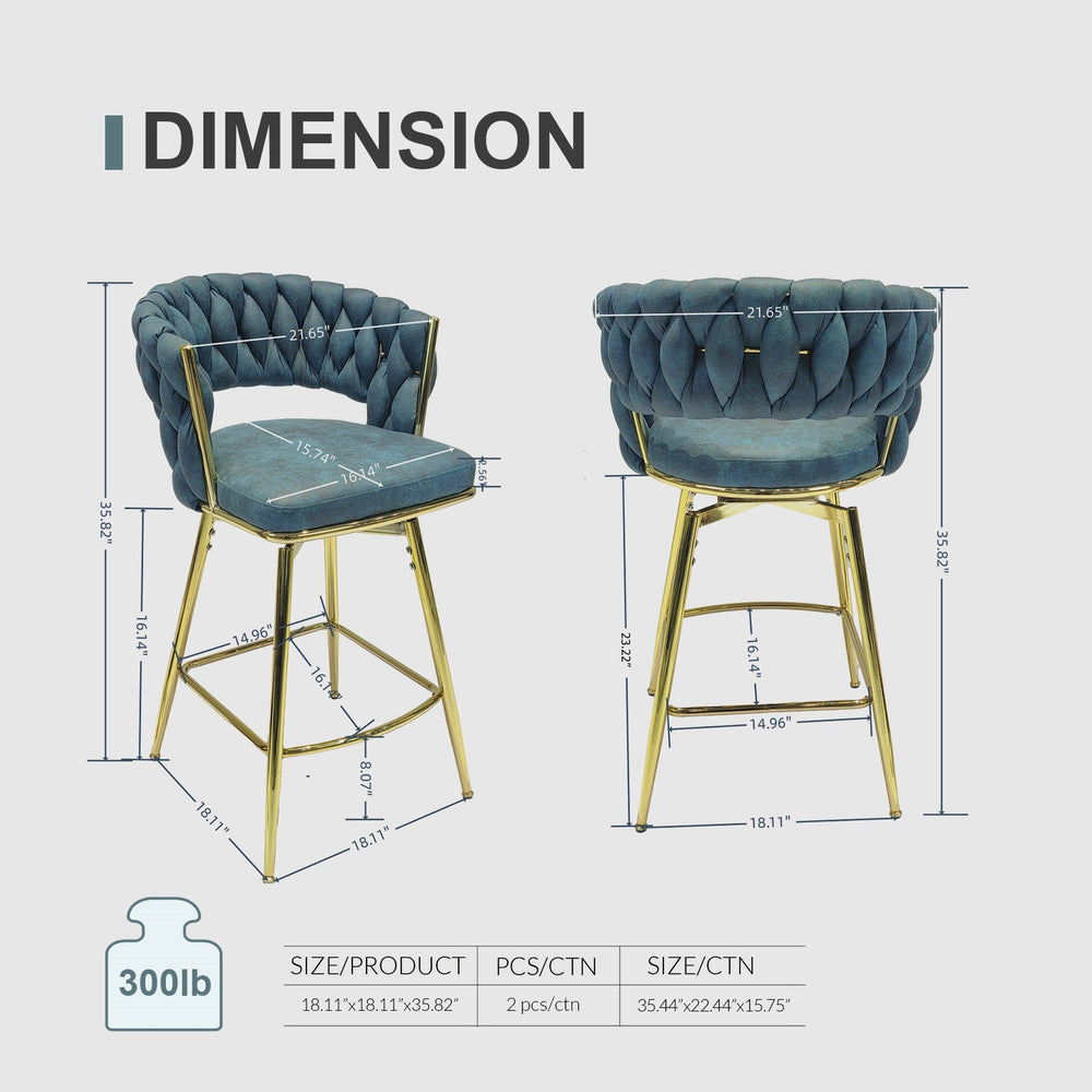 Chic Blue Swivel Bar Stools with Golden Legs - Set of Two