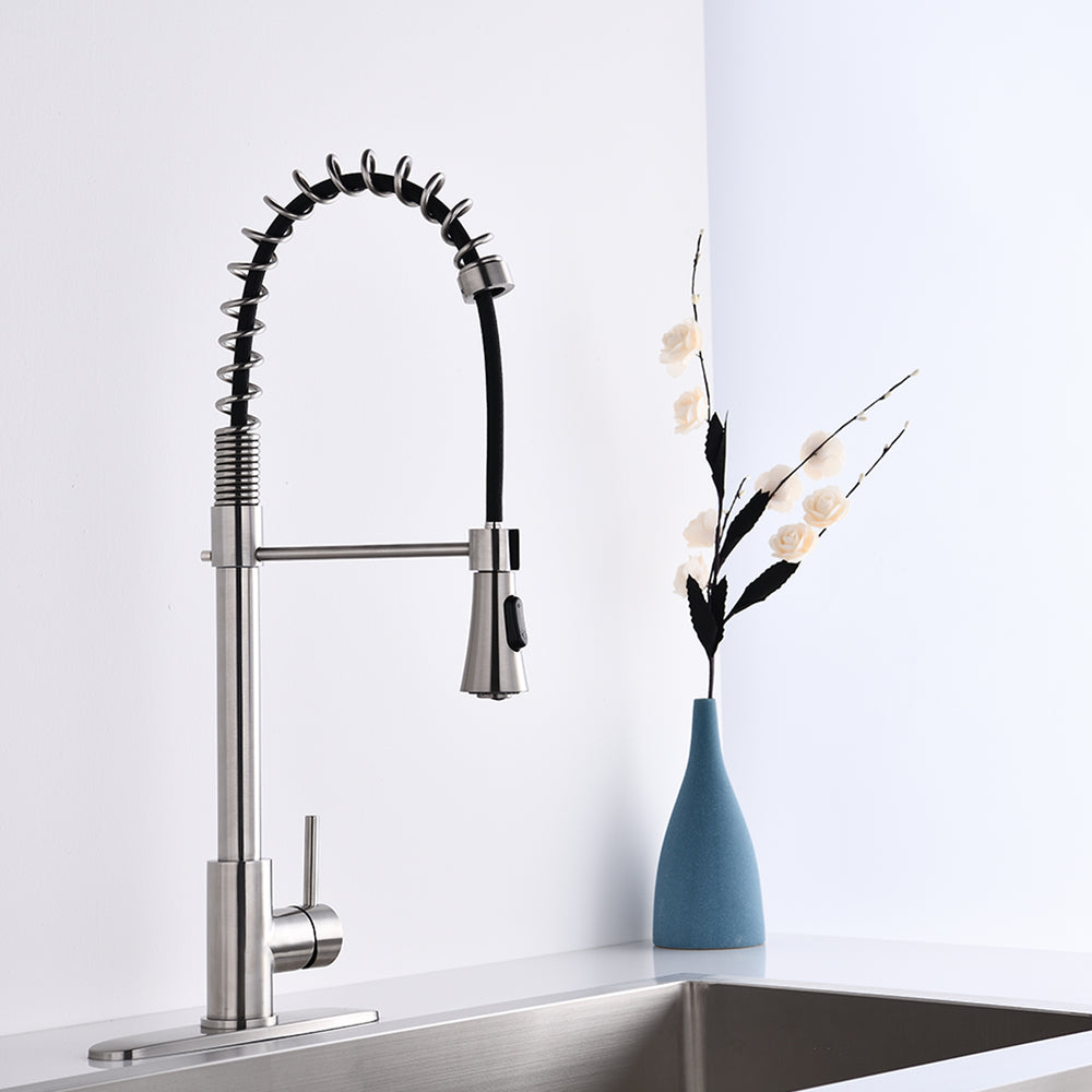 Sleek Brushed Nickel Kitchen Faucet with Stylish Spring Spout