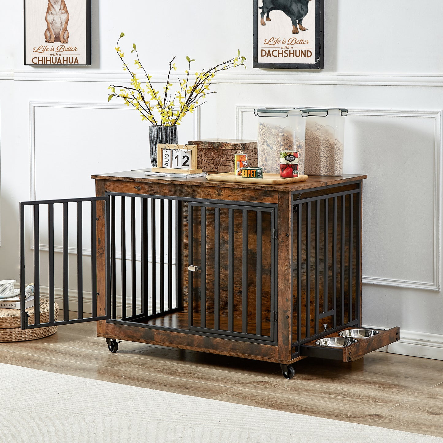 Rustic Dog Crate Side Table with Wheels and Feeding Bowl