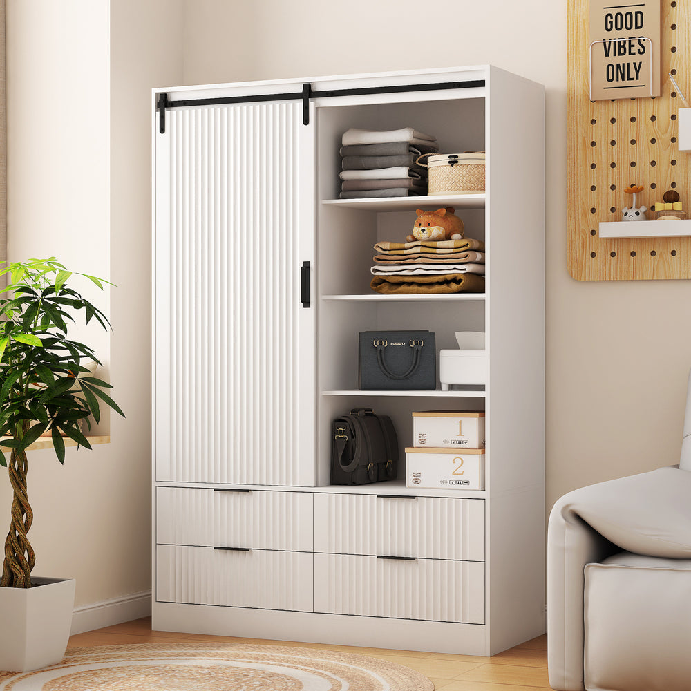 Chic White Wardrobe with Barn Door and Open Storage