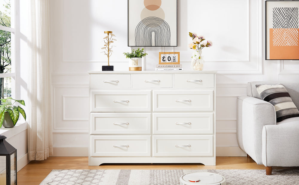 Charming White 9-Drawer Dresser with Antique Handles