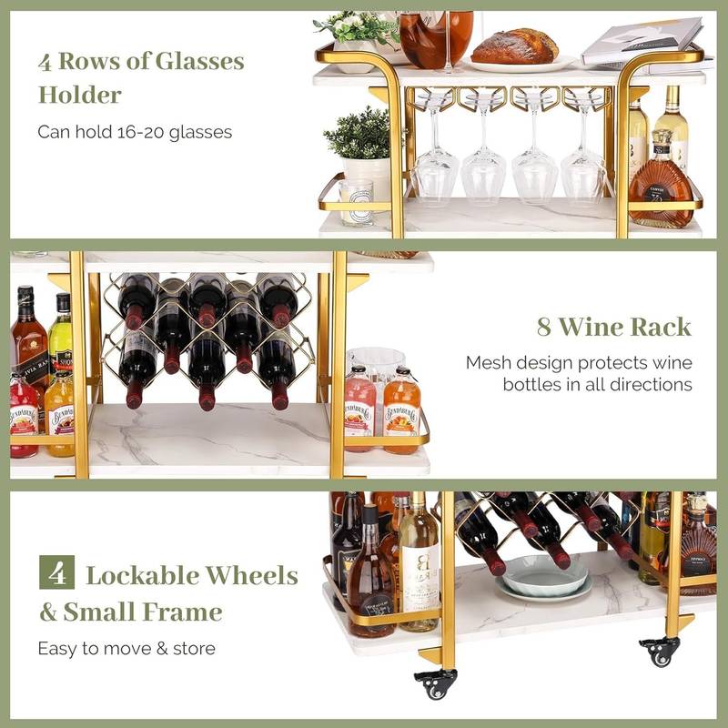 Glam Gold Bar Cart - Chic 3-Tier Storage & Wine Rack on Wheels